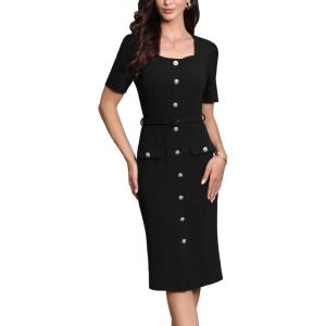 image:imageAllegra K Work Dress for Women Short Sleeve Square Neck Button Down Business Bodycon Office Dresses with BeltBlack