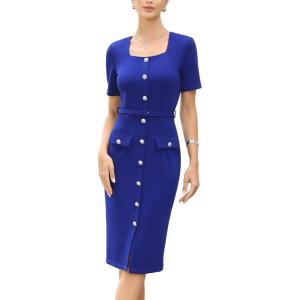 image:imageAllegra K Work Dress for Women Short Sleeve Square Neck Button Down Business Bodycon Office Dresses with BeltRoyal Blue