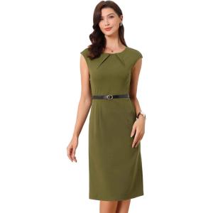 image:imageAllegra K Business Dress for Womens Work Elegant 2026 Cap Sleeve Belted Office Sheath DressesArmy Green
