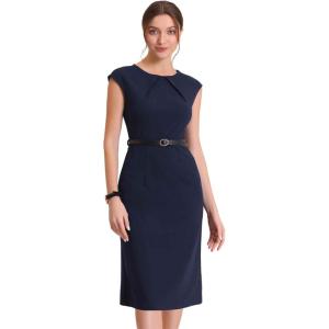 image:imageAllegra K Business Dress for Womens Work Elegant 2026 Cap Sleeve Belted Office Sheath DressesDark Blue