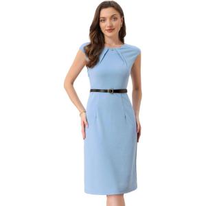 image:imageAllegra K Business Dress for Womens Work Elegant 2026 Cap Sleeve Belted Office Sheath DressesLight Blue