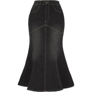 image:imageAllegra K Denim Jean Skirt for Women Casual Washed High Waisted Fishtail Midi Jean SkirtsBlack