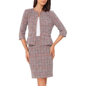 image:imageAllegra K Womens 2 Piece Skirt Sets 34 Sleeve Collarless Tweed Jacket Pencil Skirt Set Elegant Business Casual OutfitRed