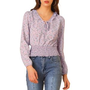image:imageAllegra K Womens Floral Tie Neck Ruffle Collar Long Sleeve Smocked Waist Top