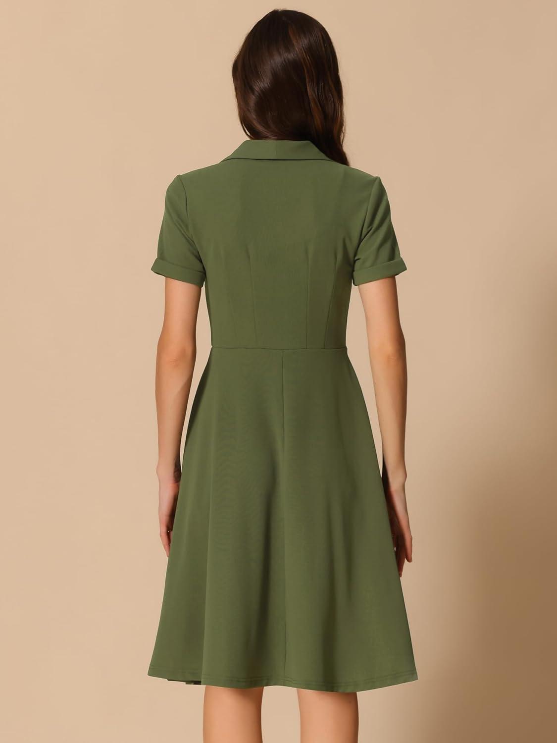 image:imageAllegra K Vintage Work Dresses for Womens 1950s Flat Collar Short Sleeve Fit and Flare DressArmy Green