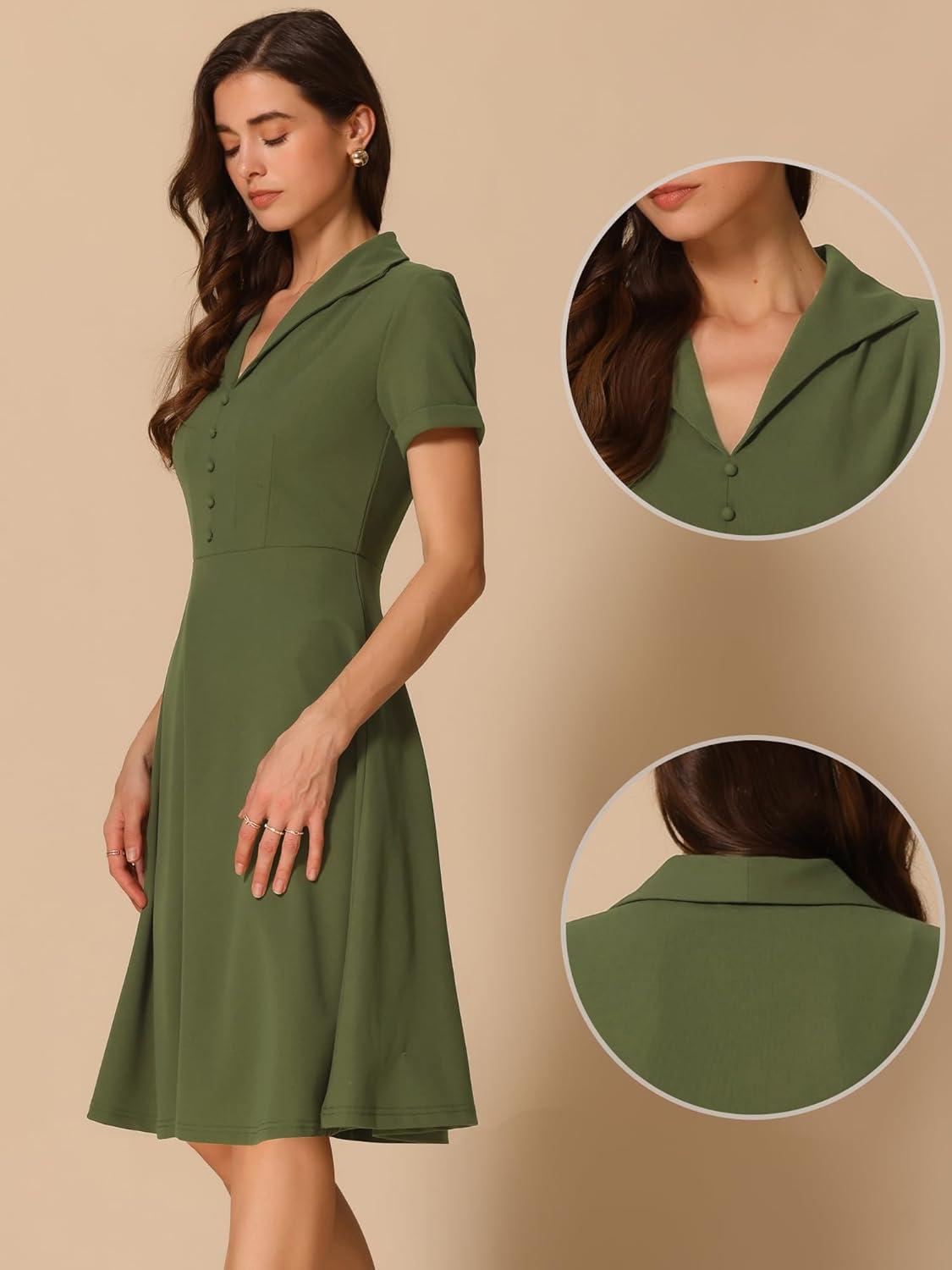 image:imageAllegra K Vintage Work Dresses for Womens 1950s Flat Collar Short Sleeve Fit and Flare DressArmy Green