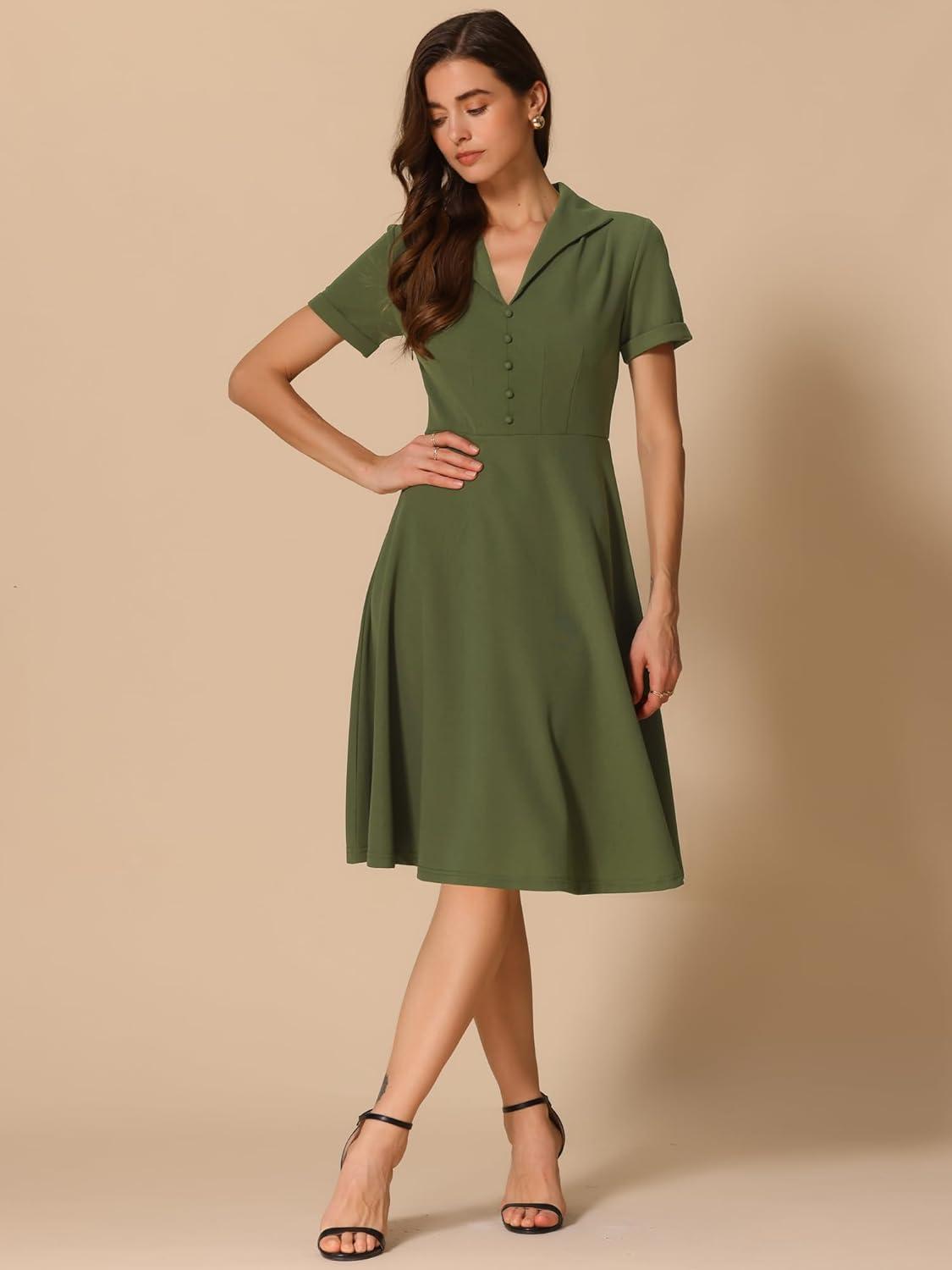 image:imageAllegra K Vintage Work Dresses for Womens 1950s Flat Collar Short Sleeve Fit and Flare DressArmy Green