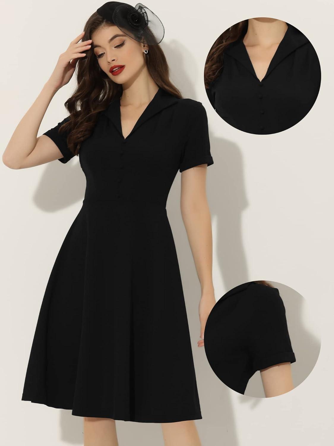 image:imageAllegra K Vintage Work Dresses for Womens 1950s Flat Collar Short Sleeve Fit and Flare DressBlack