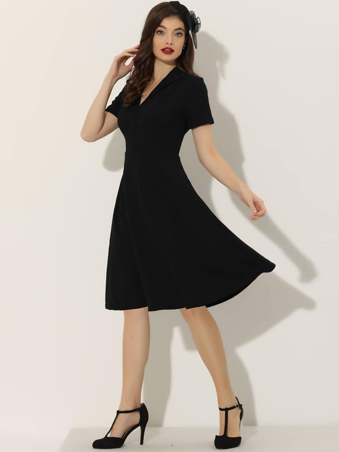 image:imageAllegra K Vintage Work Dresses for Womens 1950s Flat Collar Short Sleeve Fit and Flare DressBlack
