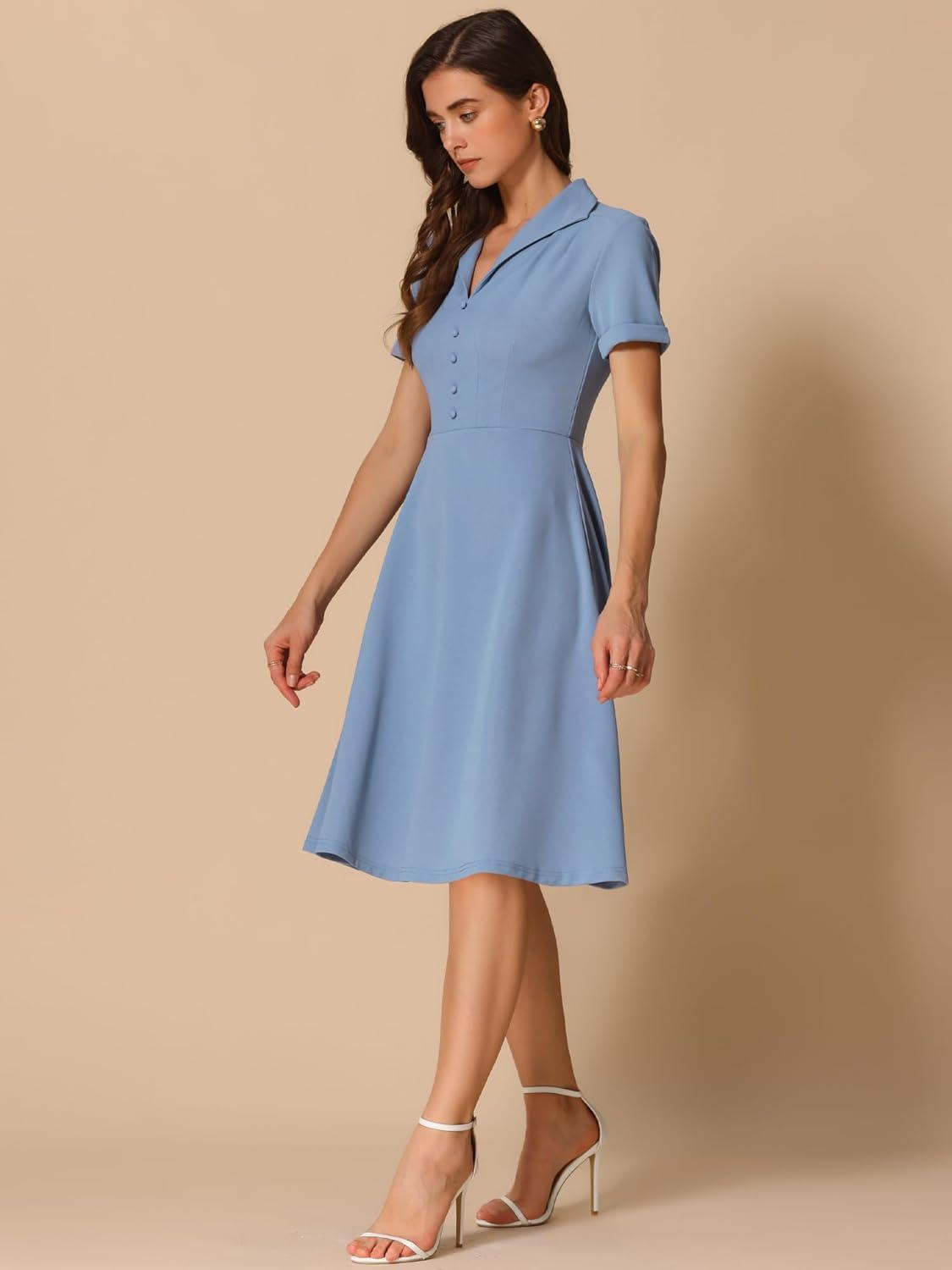 image:imageAllegra K Vintage Work Dresses for Womens 1950s Flat Collar Short Sleeve Fit and Flare DressBlue Gray
