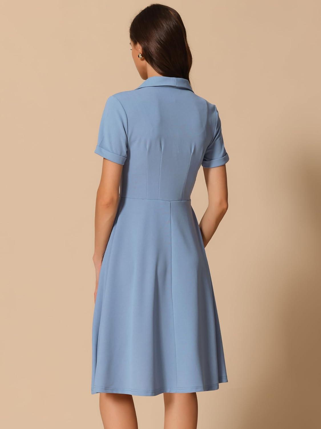 image:imageAllegra K Vintage Work Dresses for Womens 1950s Flat Collar Short Sleeve Fit and Flare DressBlue Gray