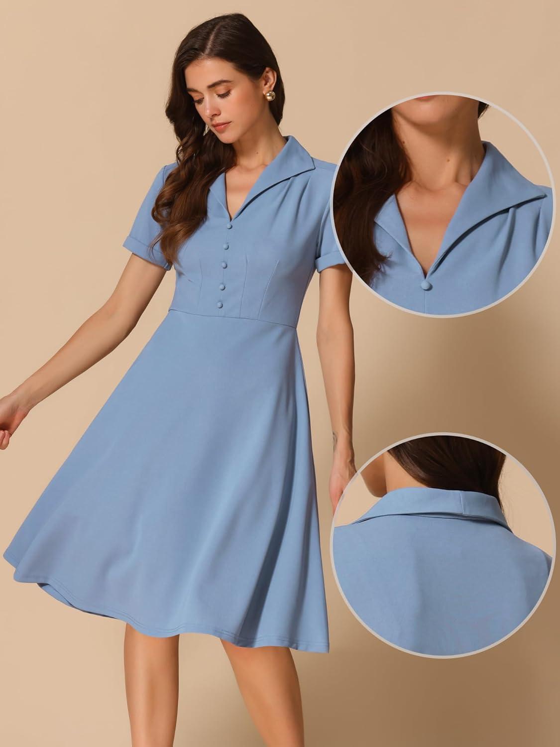 image:imageAllegra K Vintage Work Dresses for Womens 1950s Flat Collar Short Sleeve Fit and Flare DressBlue Gray
