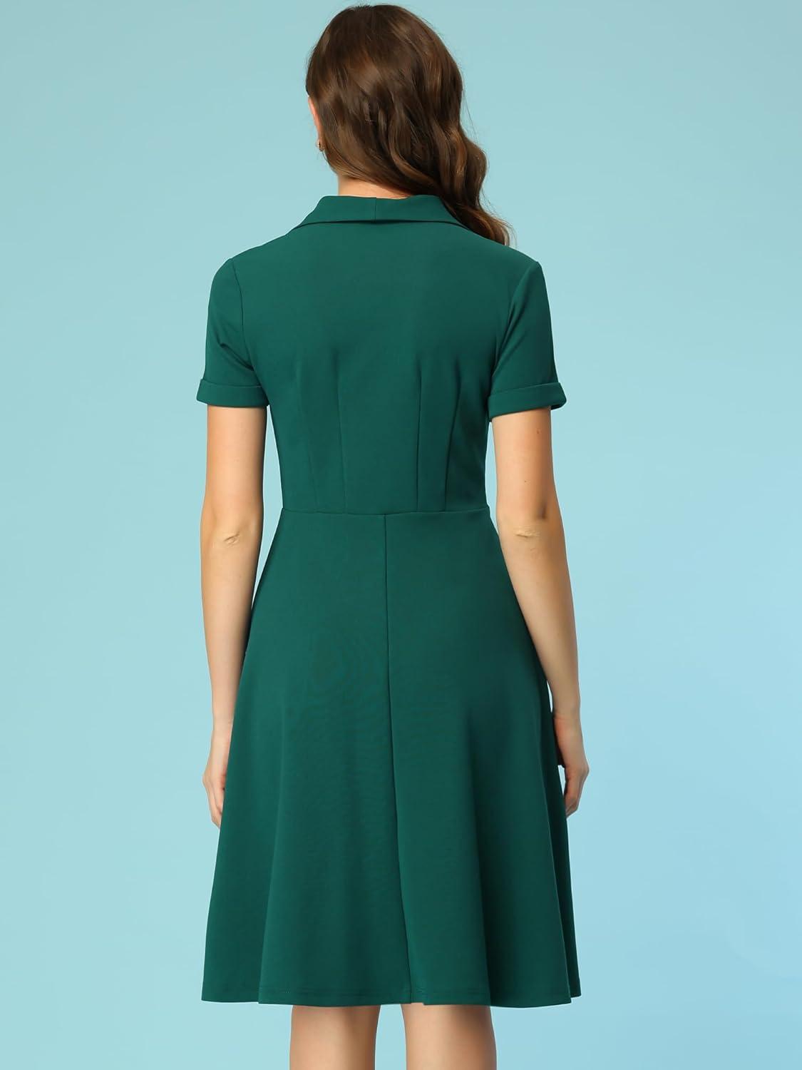 image:imageAllegra K Vintage Work Dresses for Womens 1950s Flat Collar Short Sleeve Fit and Flare DressDark Green