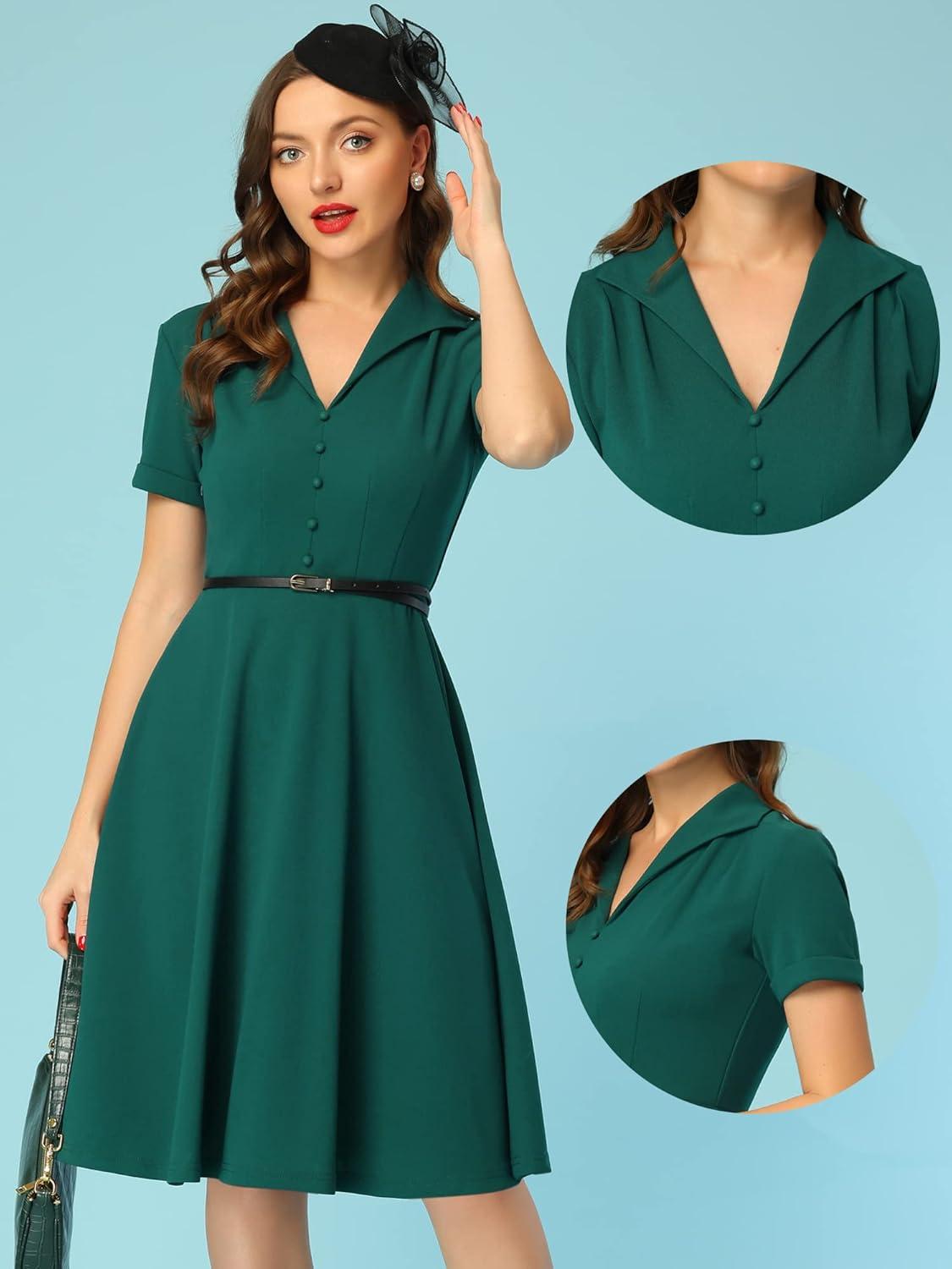 image:imageAllegra K Vintage Work Dresses for Womens 1950s Flat Collar Short Sleeve Fit and Flare DressDark Green