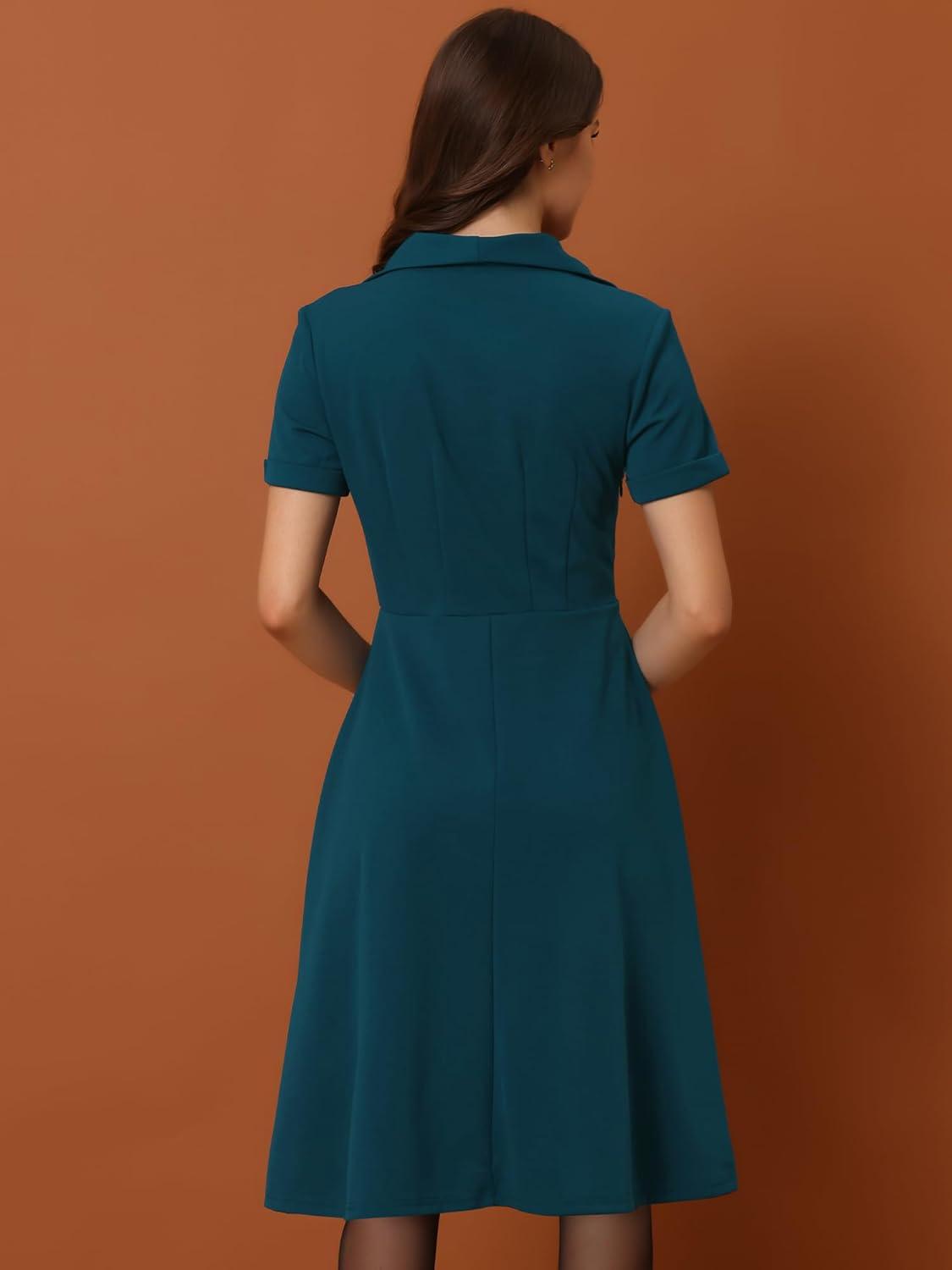 image:imageAllegra K Vintage Work Dresses for Womens 1950s Flat Collar Short Sleeve Fit and Flare DressPeacock Blue