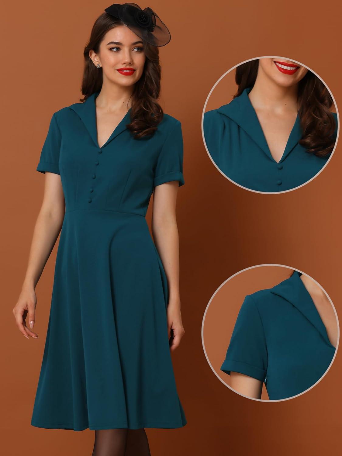 image:imageAllegra K Vintage Work Dresses for Womens 1950s Flat Collar Short Sleeve Fit and Flare DressPeacock Blue