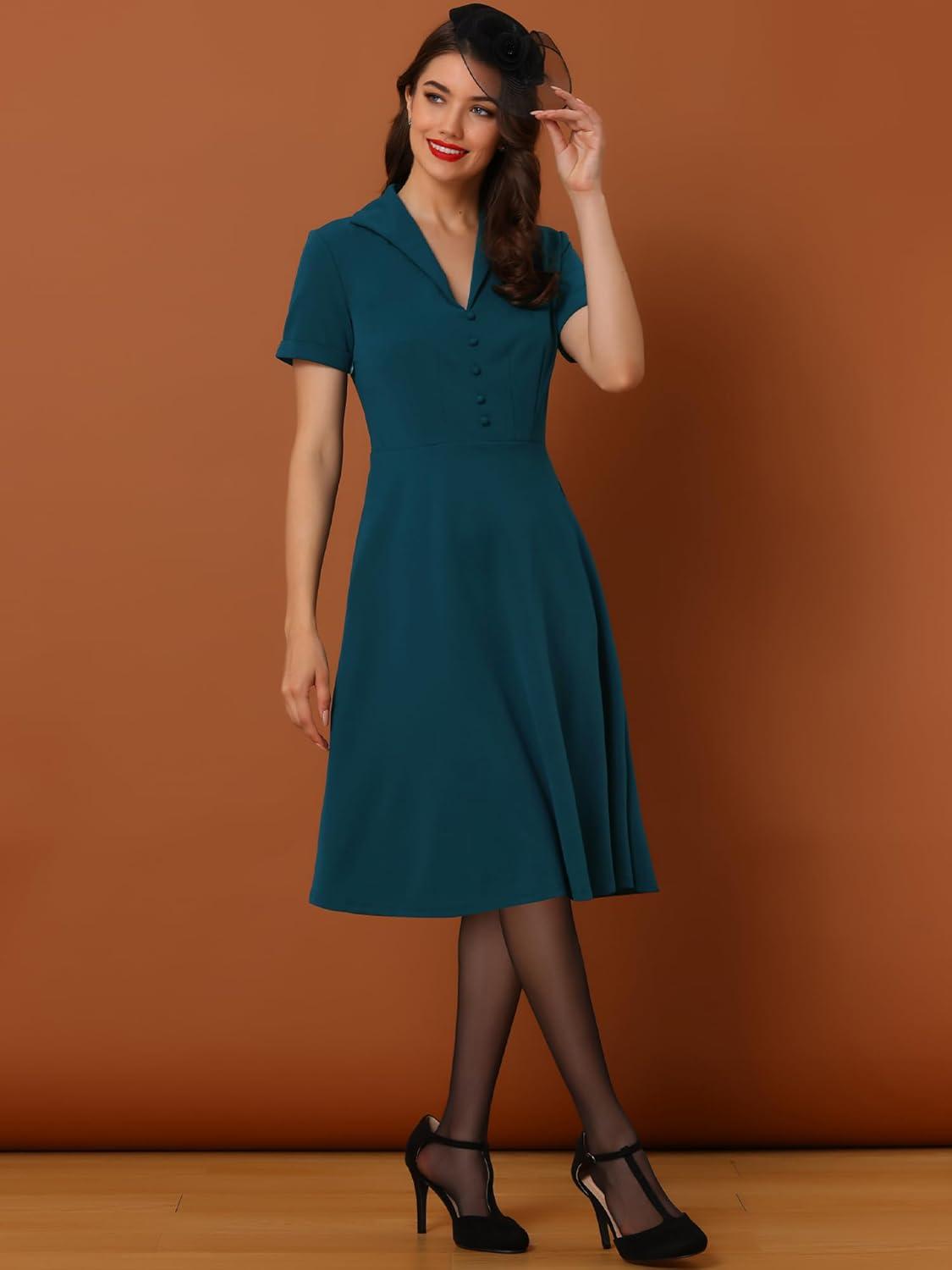 image:imageAllegra K Vintage Work Dresses for Womens 1950s Flat Collar Short Sleeve Fit and Flare DressPeacock Blue
