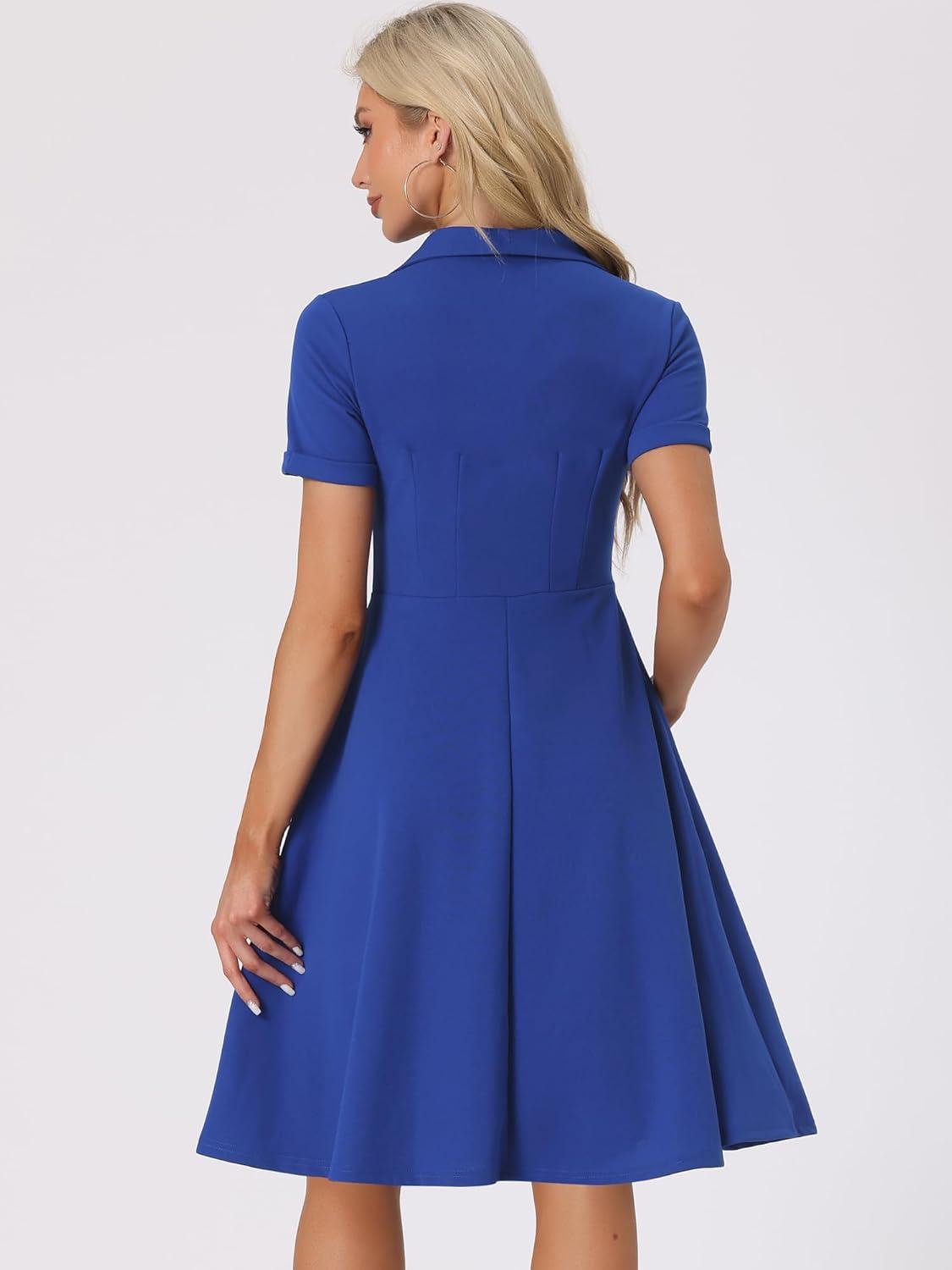 image:imageAllegra K Vintage Work Dresses for Womens 1950s Flat Collar Short Sleeve Fit and Flare DressRoyal Blue