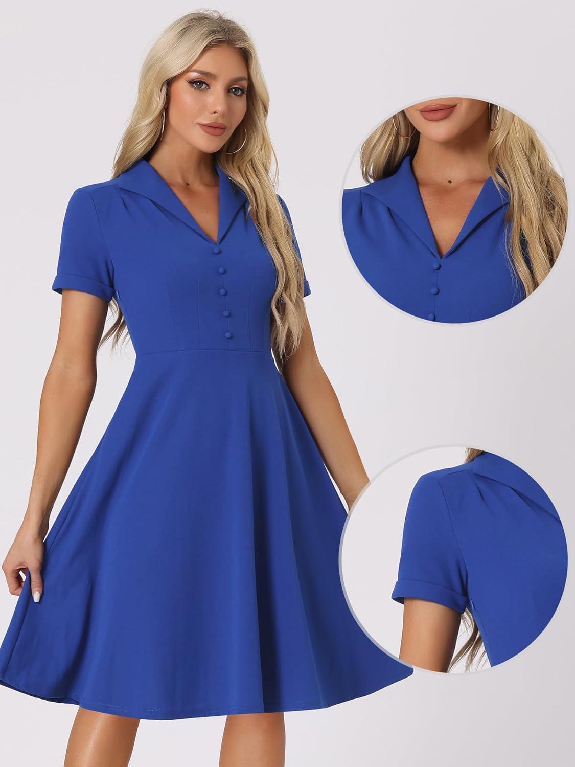 image:imageAllegra K Vintage Work Dresses for Womens 1950s Flat Collar Short Sleeve Fit and Flare DressRoyal Blue