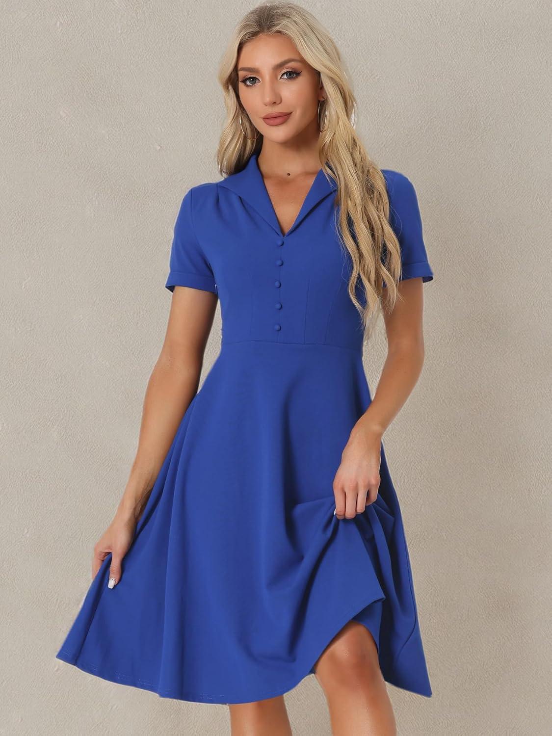 image:imageAllegra K Vintage Work Dresses for Womens 1950s Flat Collar Short Sleeve Fit and Flare DressRoyal Blue