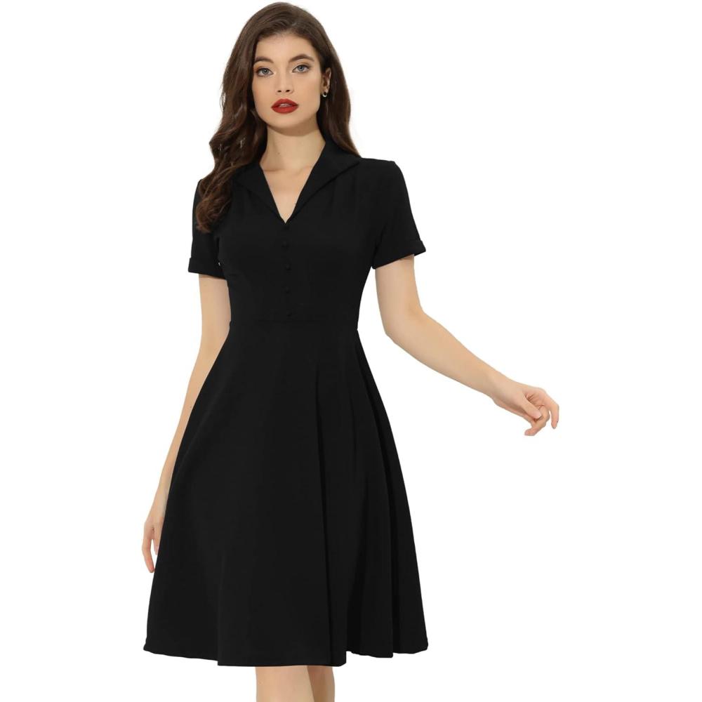 image:imageAllegra K Vintage Work Dresses for Womens 1950s Flat Collar Short Sleeve Fit and Flare DressBlack