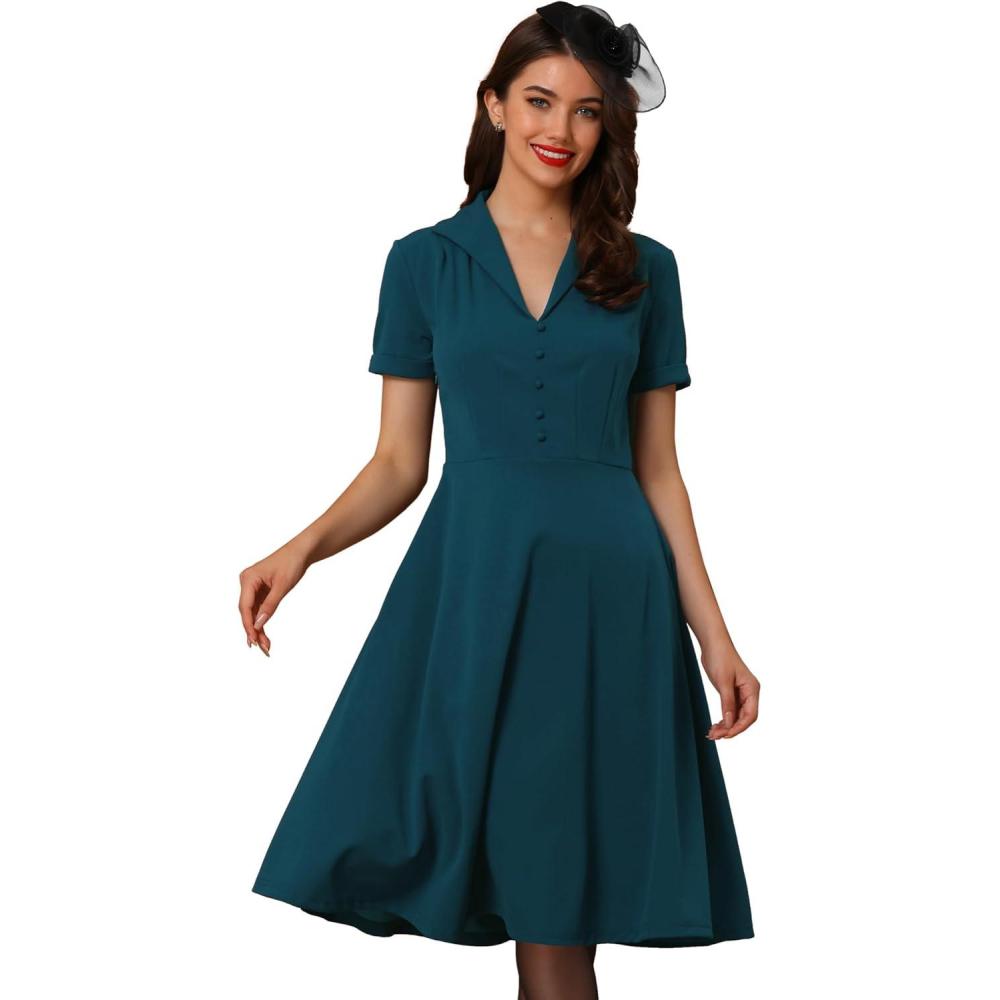 image:imageAllegra K Vintage Work Dresses for Womens 1950s Flat Collar Short Sleeve Fit and Flare DressPeacock Blue
