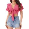 image:imageAllegra K Boho Tie Front Crop Tops for Womens Textured Short Bell Sleeve Sexy Deep V Neck Beach ClothingHot Pink
