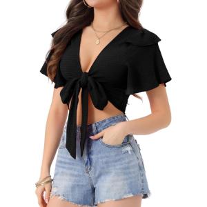 image:imageAllegra K Boho Tie Front Crop Tops for Womens Textured Short Bell Sleeve Sexy Deep V Neck Beach ClothingBlack