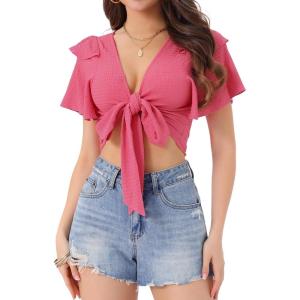 image:imageAllegra K Boho Tie Front Crop Tops for Womens Textured Short Bell Sleeve Sexy Deep V Neck Beach ClothingHot Pink