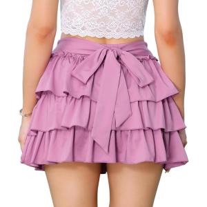image:imageAllegra K Bow Back Mini Skirts for Women Elastic Low Waist Cute Cake Skirt Layer Ruffle Skirt with ShortsPink Purple