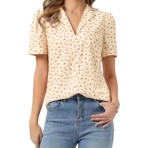 image:imageAllegra K Casual Blouse for Women Floral Print Short Sleeve Shirt V Neck Notch Lapel Blouse Dressy Summer TopsApricot