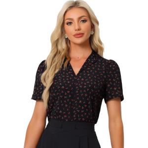 image:imageAllegra K Casual Blouse for Women Floral Print Short Sleeve Shirt V Neck Notch Lapel Blouse Dressy Summer TopsBlack