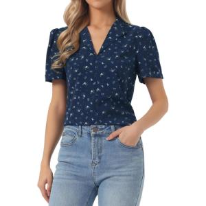 image:imageAllegra K Casual Blouse for Women Floral Print Short Sleeve Shirt V Neck Notch Lapel Blouse Dressy Summer TopsDark Blue