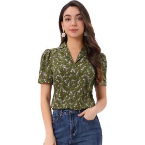 image:imageAllegra K Casual Blouse for Women Floral Print Short Sleeve Shirt V Neck Notch Lapel Blouse Dressy Summer TopsOlive Green