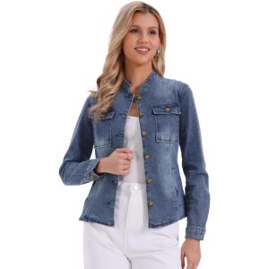image:imageAllegra K Casual Denim Jacket for Womens Classic Stand Collar Long Sleeve Jean JacketGray Blues