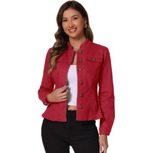 image:imageAllegra K Casual Denim Jacket for Womens Classic Stand Collar Long Sleeve Jean JacketRed
