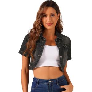 image:imageAllegra K Casual Denim Jacket for Womens Turndown Collar Short Sleeves Crop Jean JacketsBlack