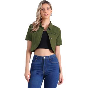 image:imageAllegra K Casual Denim Jacket for Womens Turndown Collar Short Sleeves Crop Jean JacketsGreen