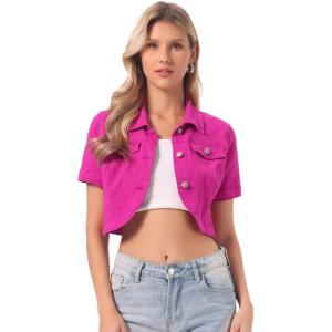 image:imageAllegra K Casual Denim Jacket for Womens Turndown Collar Short Sleeves Crop Jean JacketsHot Pink