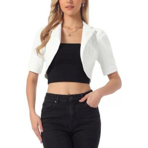 image:imageAllegra K Cropped Denim Jacket for Women Casual Short Puff Sleeve Lapel Open Front Jean Jackets Summer OutwearWhite