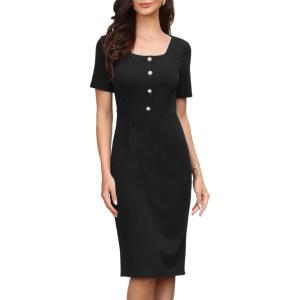 image:imageAllegra K Elegant Dresses for Womens Short Sleeve Square Neck Button Business Work Sheath DressBlack