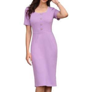 image:imageAllegra K Elegant Dresses for Womens Short Sleeve Square Neck Button Business Work Sheath DressPurple