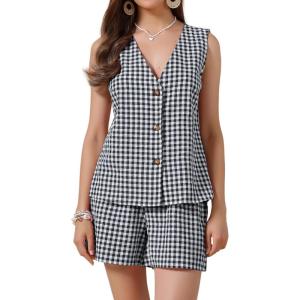 image:imageAllegra K Gingham 2 Piece Outfits for Womens Summer Beach Plaid Sleeveless Vest and Shorts Matching SetsBlack