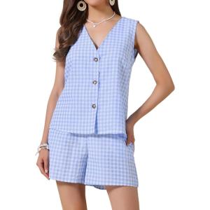 image:imageAllegra K Gingham 2 Piece Outfits for Womens Summer Beach Plaid Sleeveless Vest and Shorts Matching SetsBlue