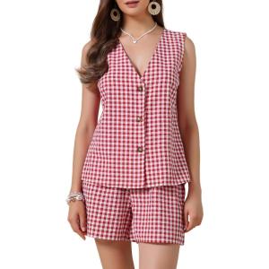 image:imageAllegra K Gingham 2 Piece Outfits for Womens Summer Beach Plaid Sleeveless Vest and Shorts Matching SetsRed