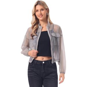 image:imageAllegra K Sheer Bomber Jacket for Womens Zip Up Long Sleeve See Through JacketsGrey