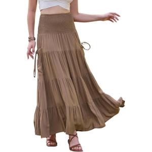 image:imageAllegra K Summer Flowy Boho Maxi Skirt for Women Tiered Elastic High Waist 2026 A Line Casual Beach Long Skirt with PocketsKhaki