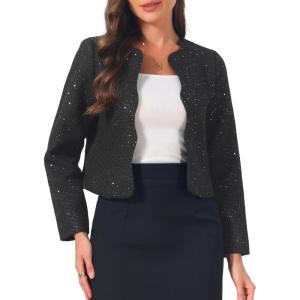 image:imageAllegra K Tweed Jackets for Women Long Sleeve Collarless Open Front Cardigan Business Work Blazer Suit JacketBlack