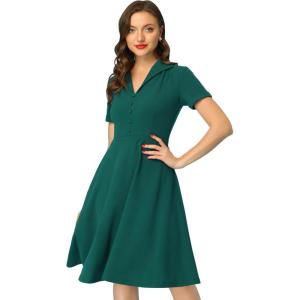 image:imageAllegra K Vintage Work Dresses for Womens 1950s Flat Collar Short Sleeve Fit and Flare DressDark Green