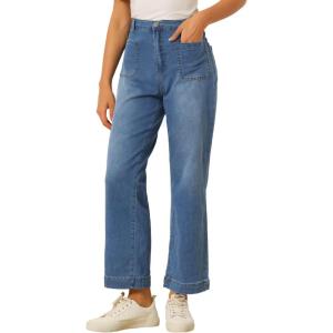image:imageAllegra K Wide Leg Jeans for Womens High Waisted Stretchy Straight Leg Jeans Buttoned Loose Denim PantsBlue
